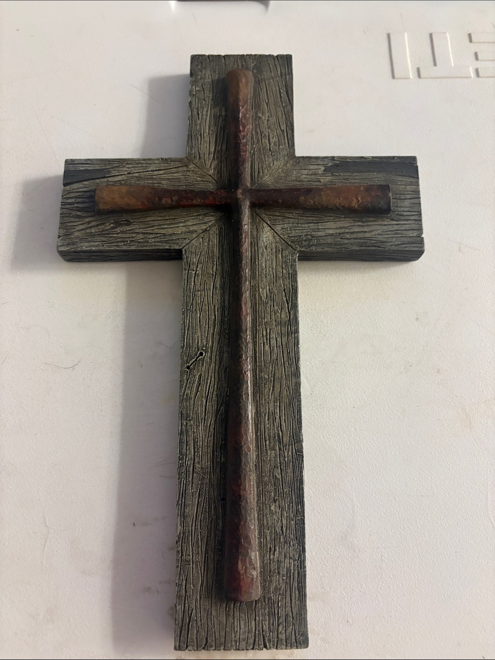 Christian Cross, Iron, Barn Wood, Sculpted Resin